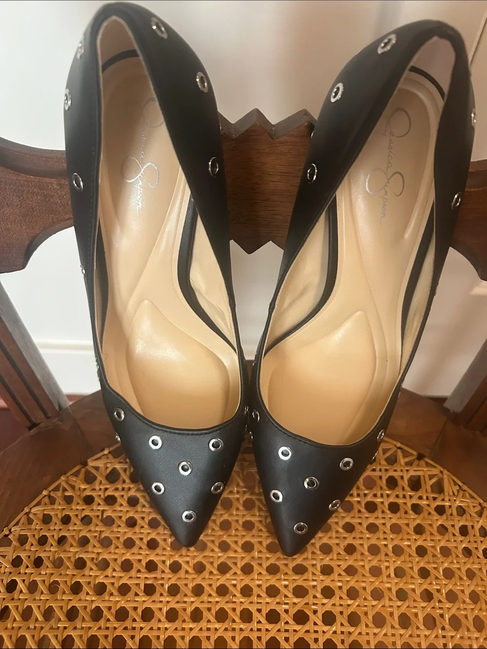 Jessica Simpson Black Pointed Toe Heels with Silver Eyelet Accents 9.5